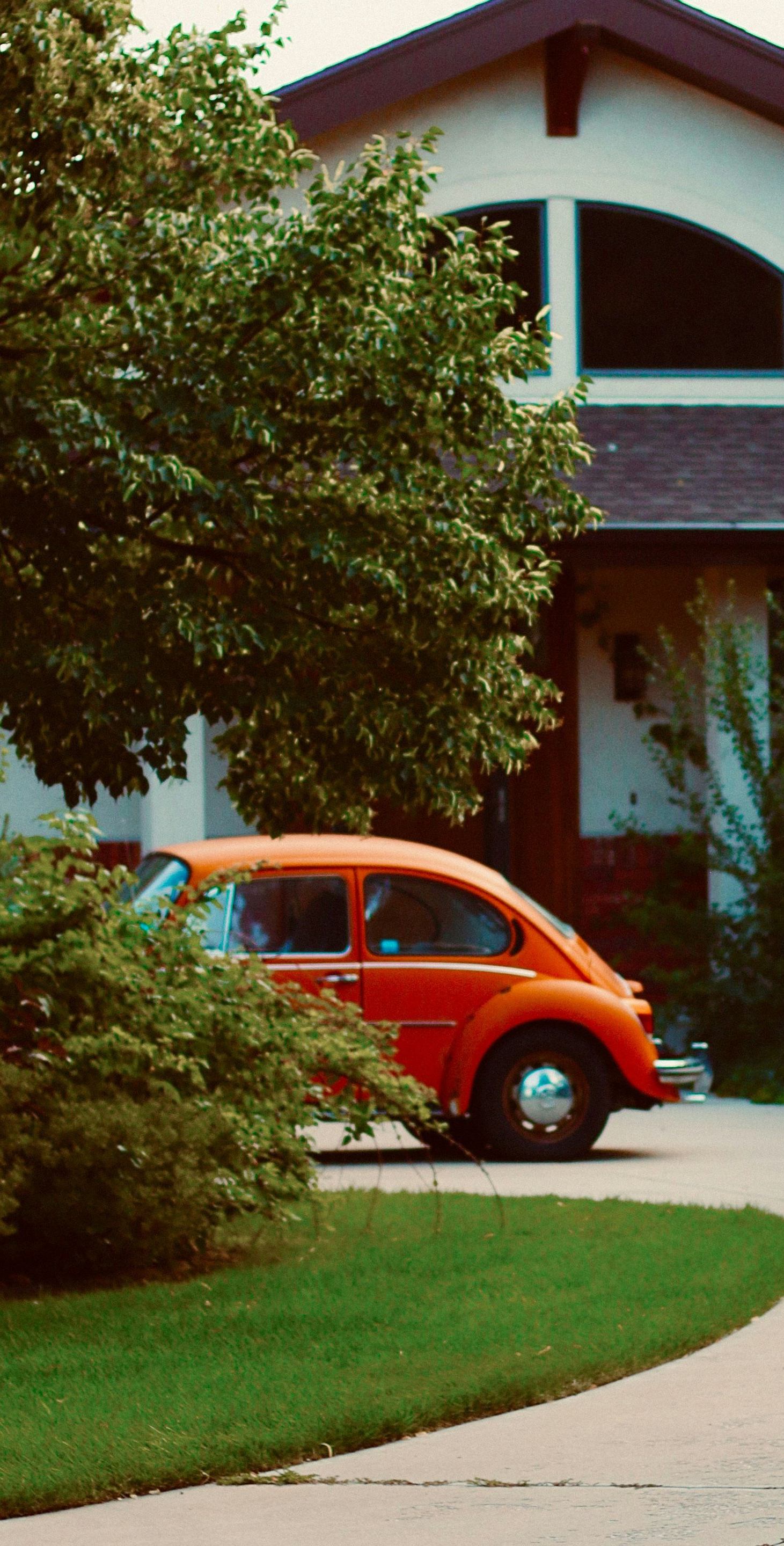 Orange Volkswagen Beetle parked in a driveway in front of a house.