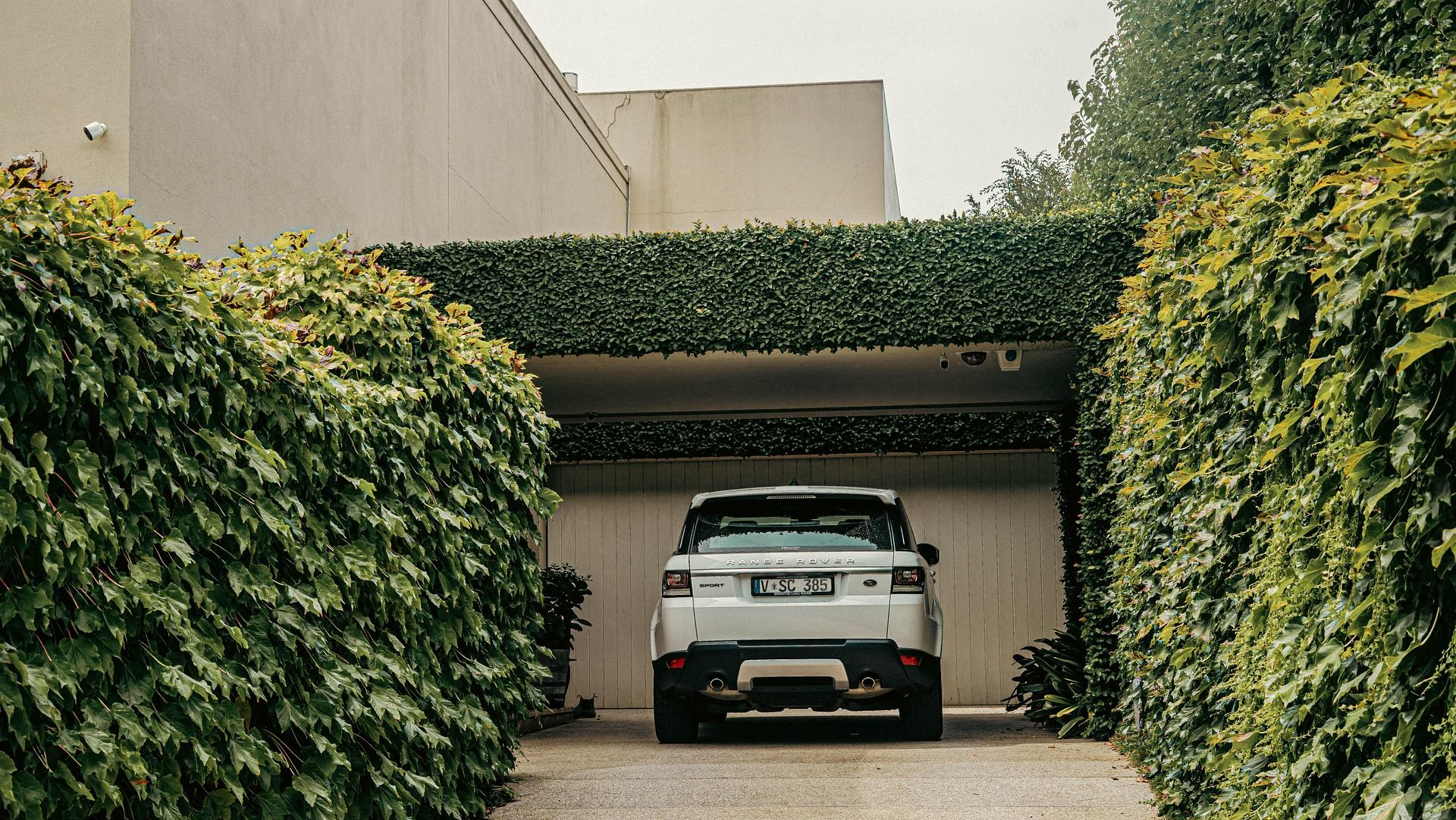 White SUV parked in a driveway between tall hedges leading to a garage.