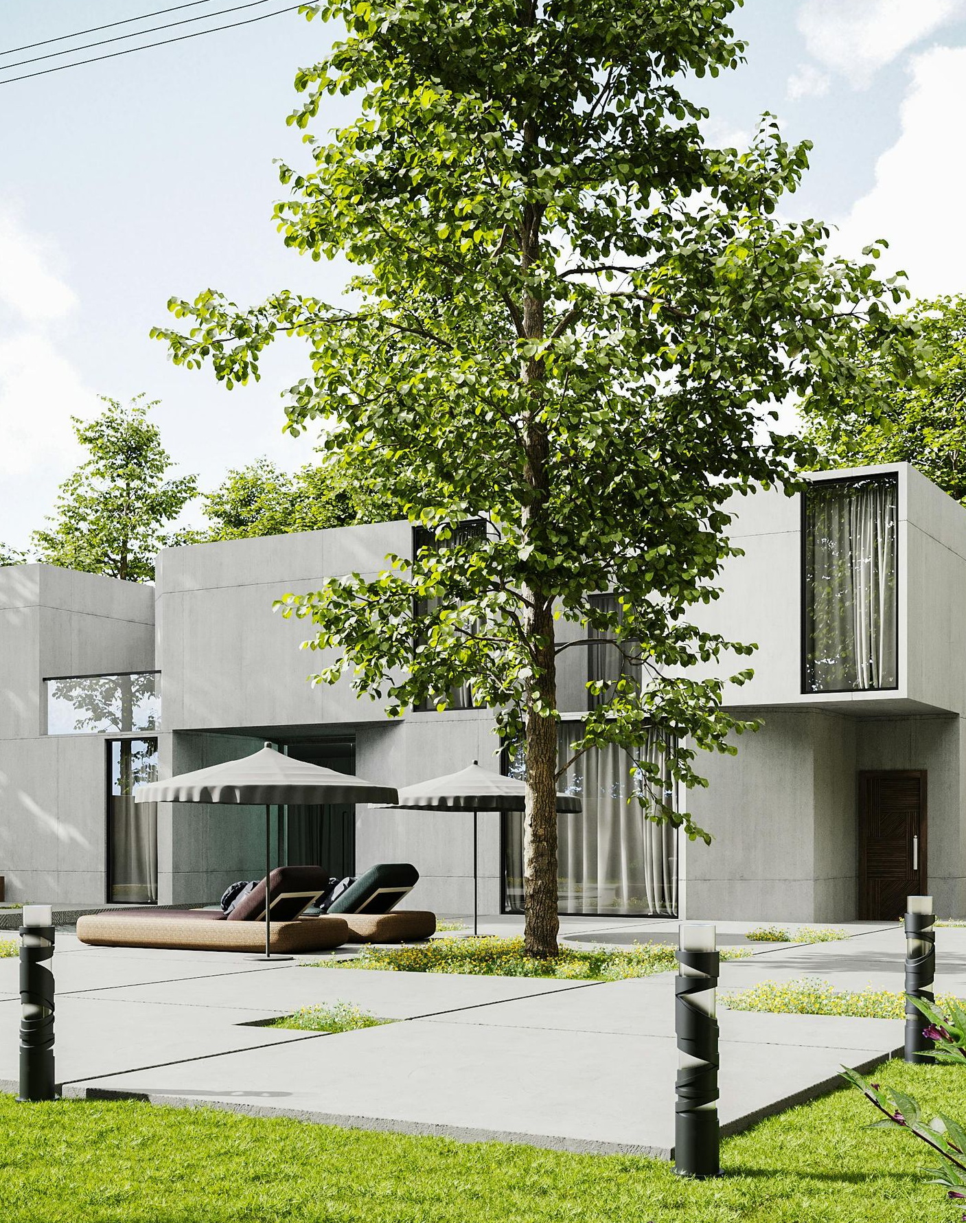 Modern gray house with large windows, trees, and lounge chairs.