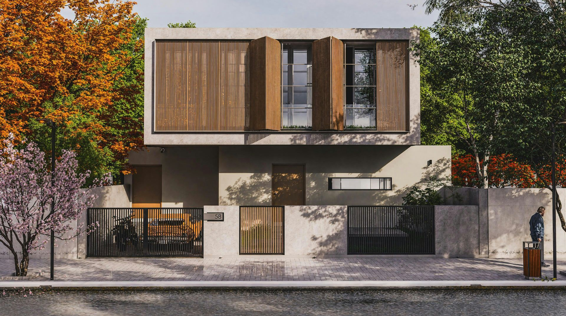 Modern two-story concrete house with wooden shutters. Trees frame the exterior. Street view.