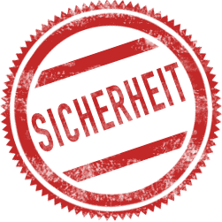 Roter Stempel mit dem Wort „SICHERHEIT“ (deutsch für „Sicherheit“) im Inneren.