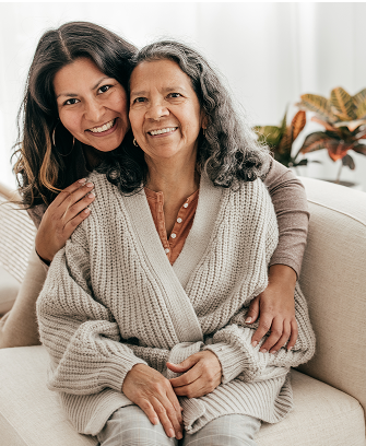 Two women are posing for a picture while sitting on a couch.