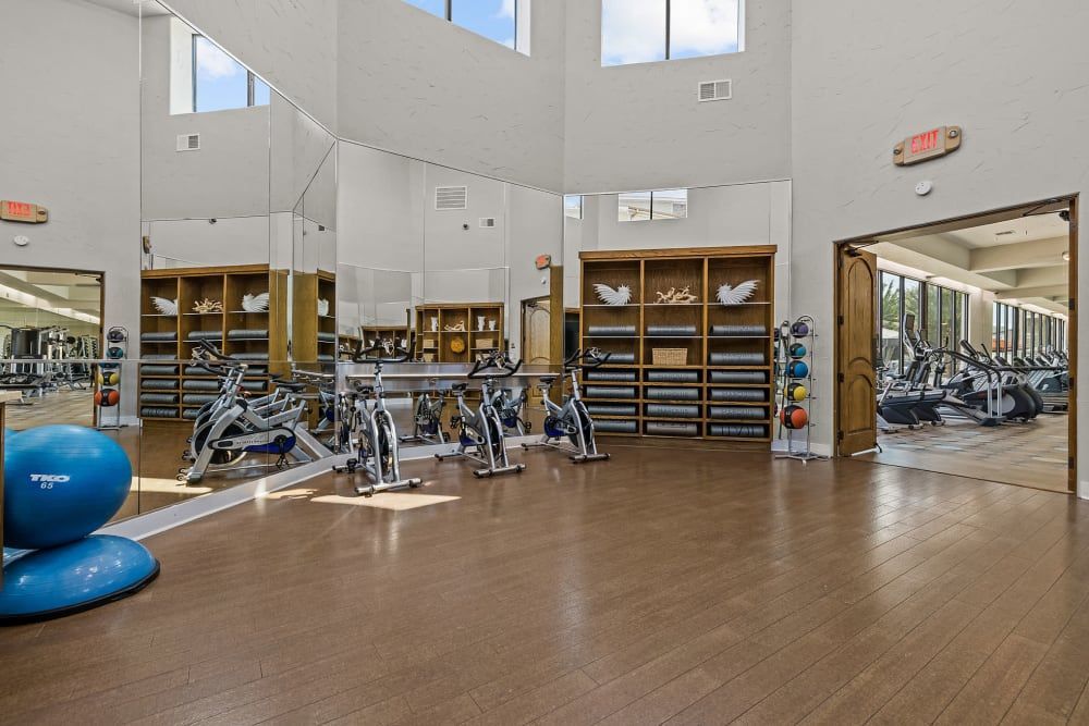 A large gym with a lot of exercise equipment and a blue ball at Marquis at the Reserve in Katy, TX.