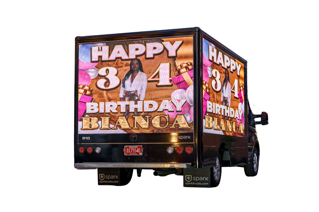 Executive Mobile Billboards truck with a happy birthday message on it.