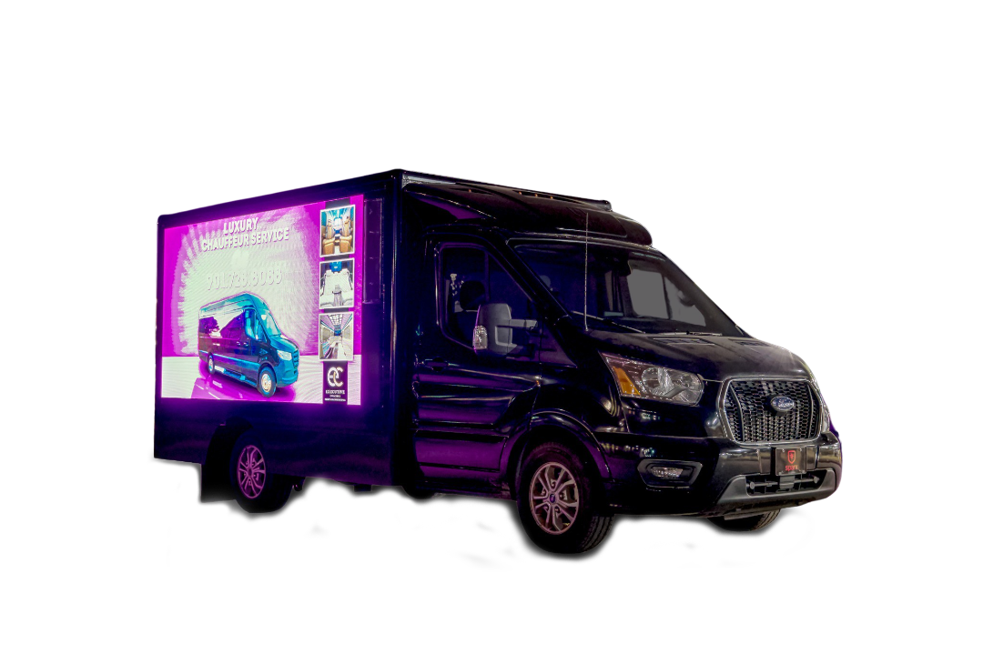 A black food truck with a purple sign on the back is on a white background.