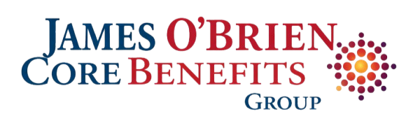 Logo for James O'Brien Core Benefits Group featuring blue and red text with a circular, radiating dot pattern on the right.