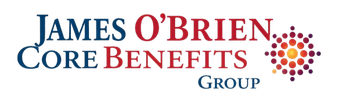 Logo for James O'Brien Core Benefits Group featuring blue and red text with a circular, radiating dot pattern on the right.