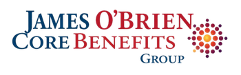Logo for James O'Brien Core Benefits Group featuring blue and red text with a circular, radiating dot pattern on the right.