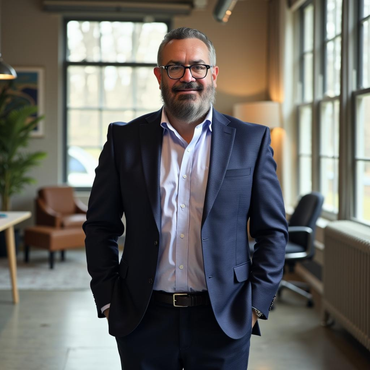 A professional standing in an office, wearing a navy blazer and light-colored button-up shirt, smiling at the camera.