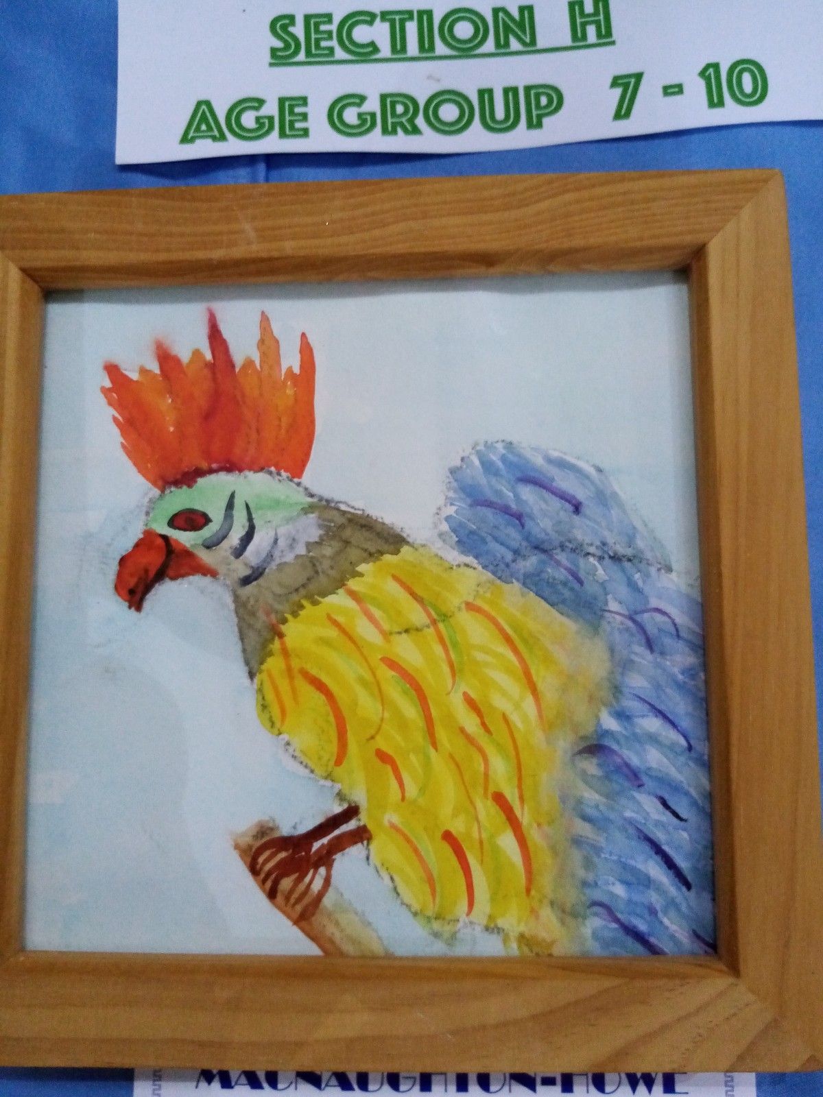 A picture of a rooster in a wooden frame is from section h age group