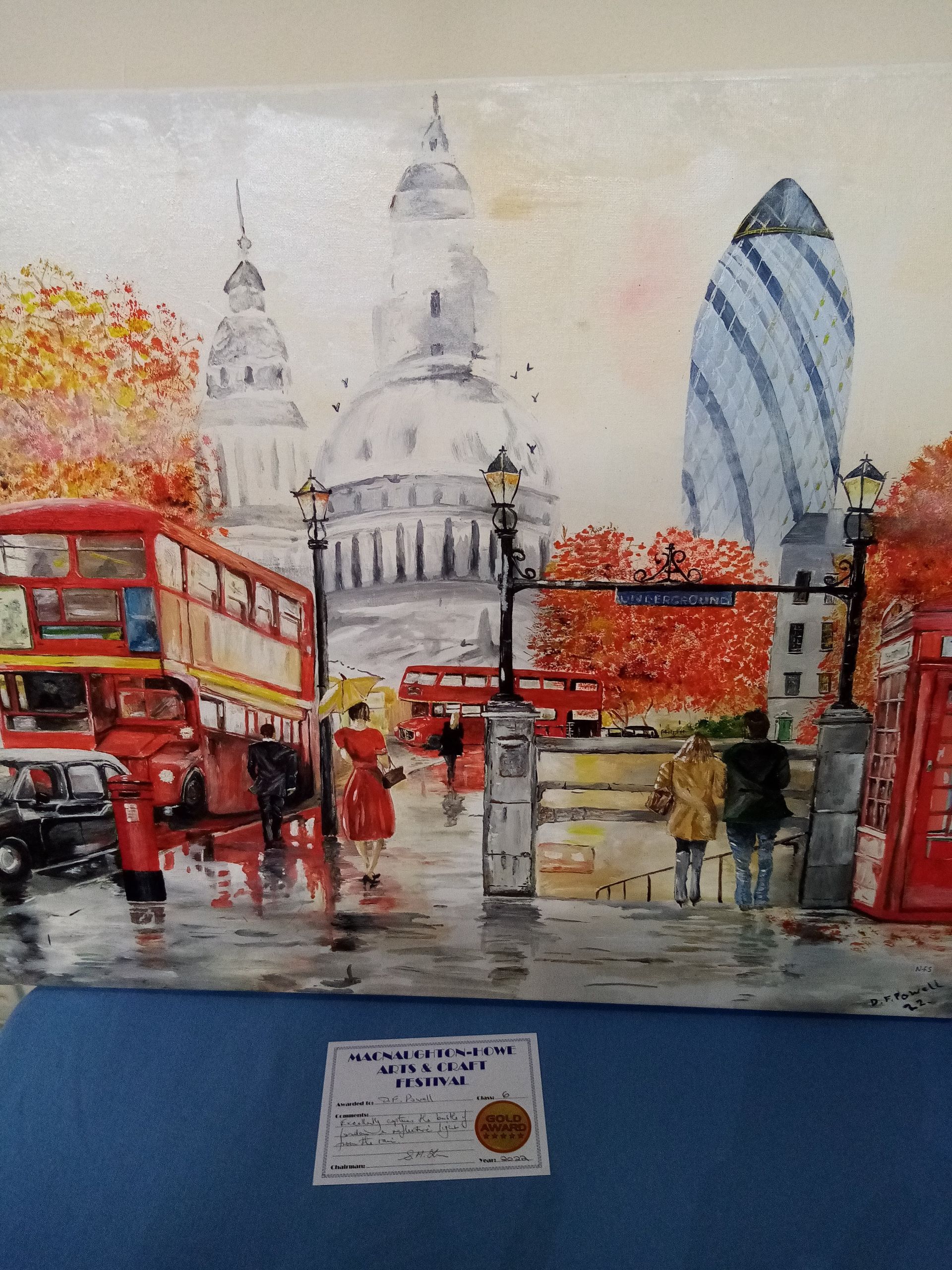 A painting of a red double decker bus in london