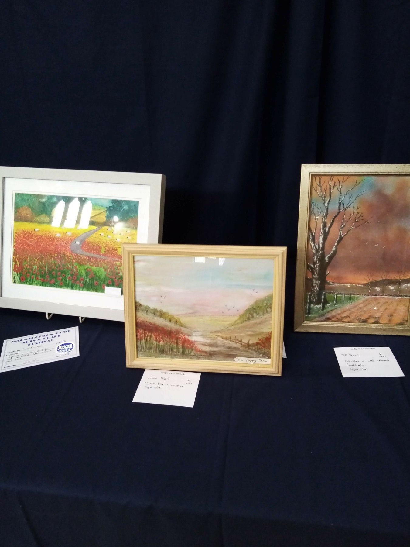 Three framed paintings are sitting on a table.