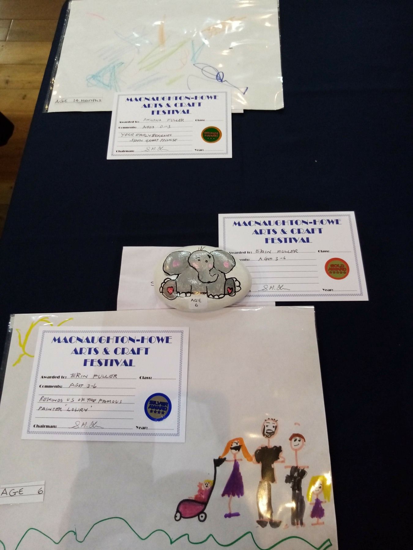 Three children 's drawings are on a table with certificates