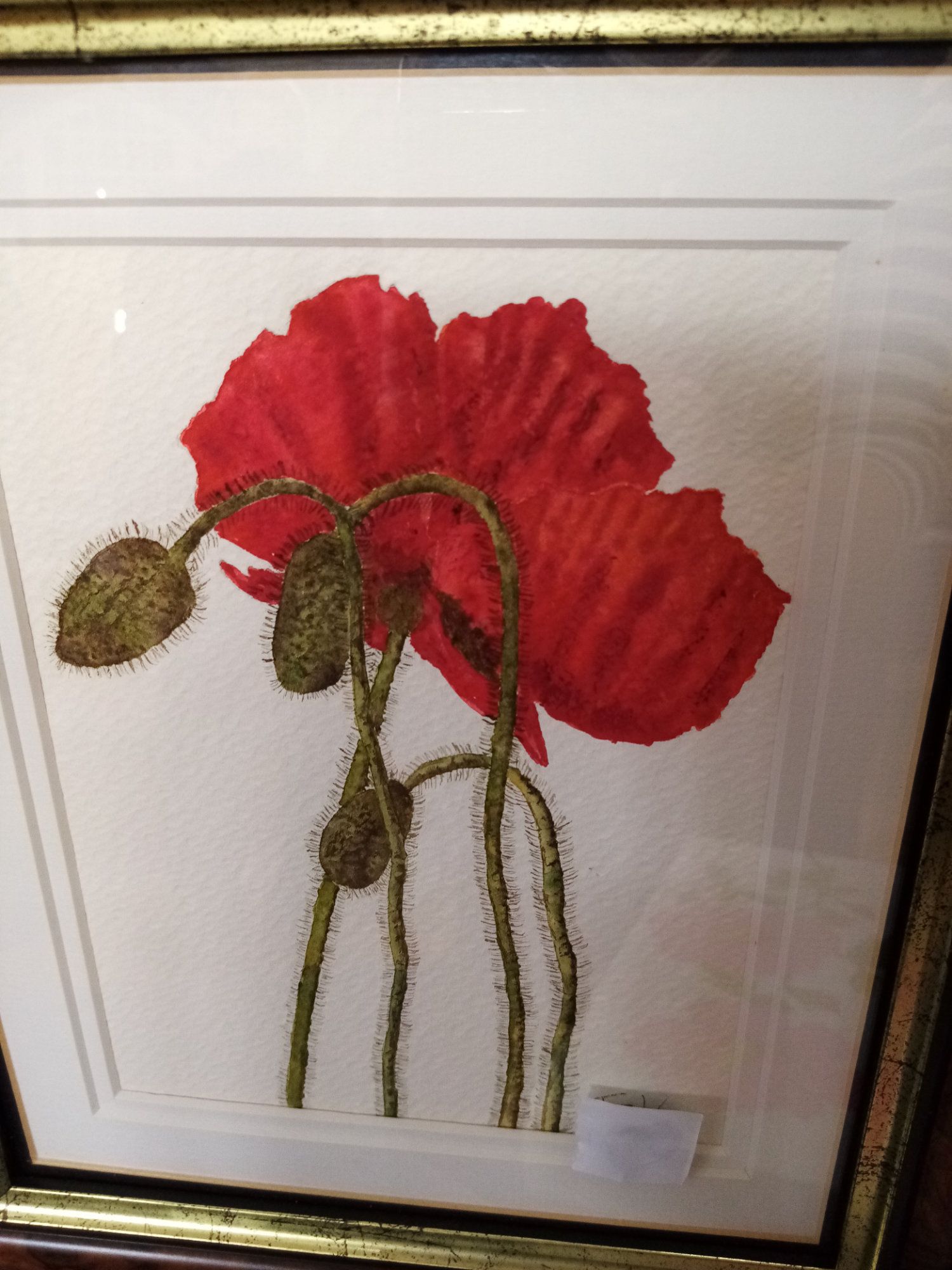 A framed picture of a red flower with green stems