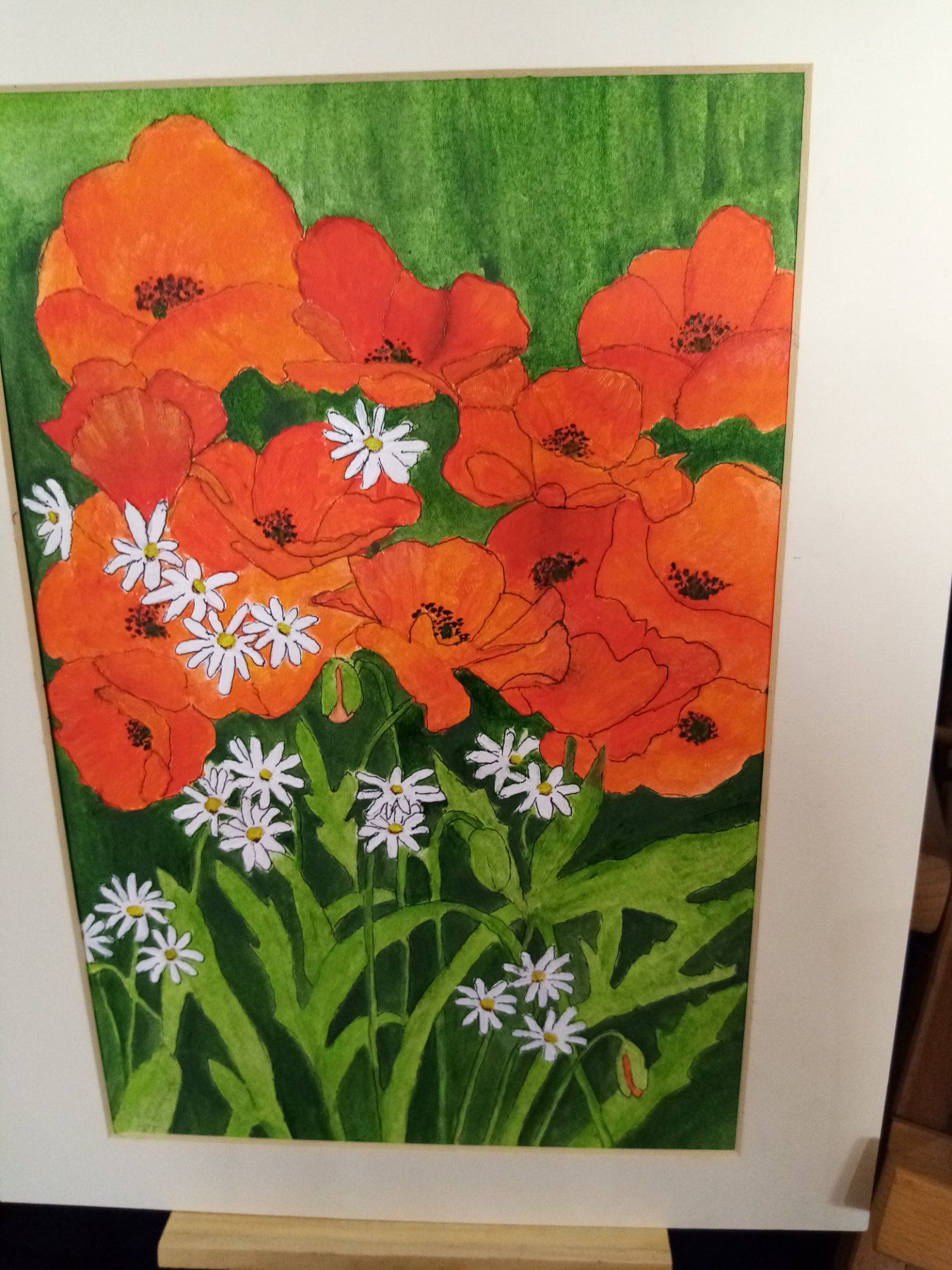 A painting of red flowers and white daisies on a green background