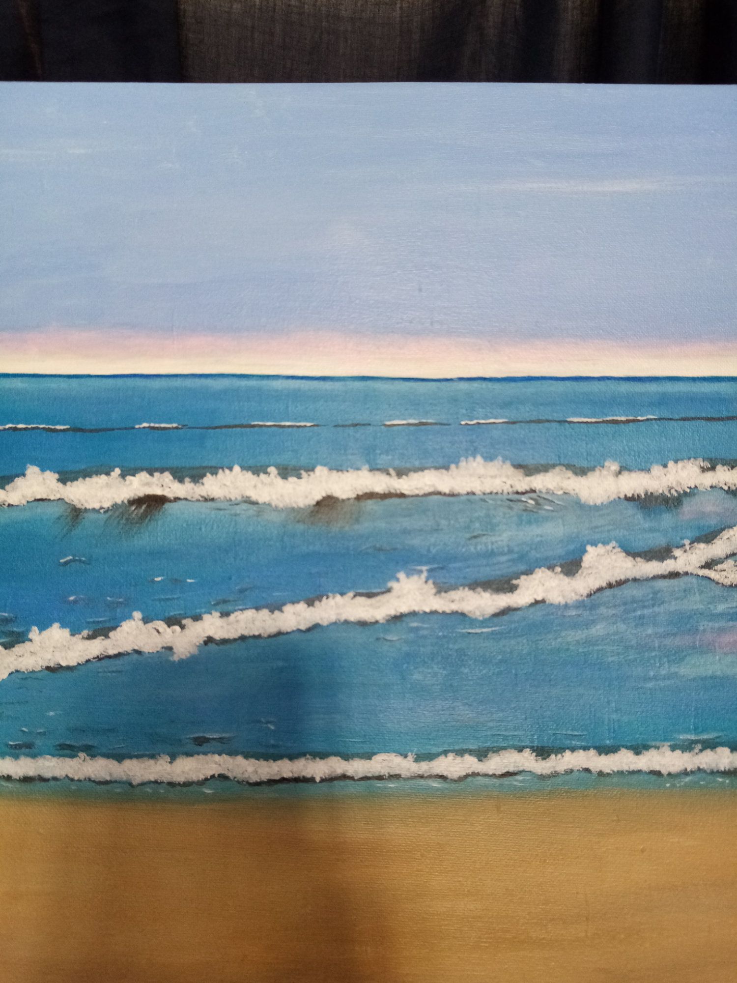 A painting of waves crashing on a sandy beach.