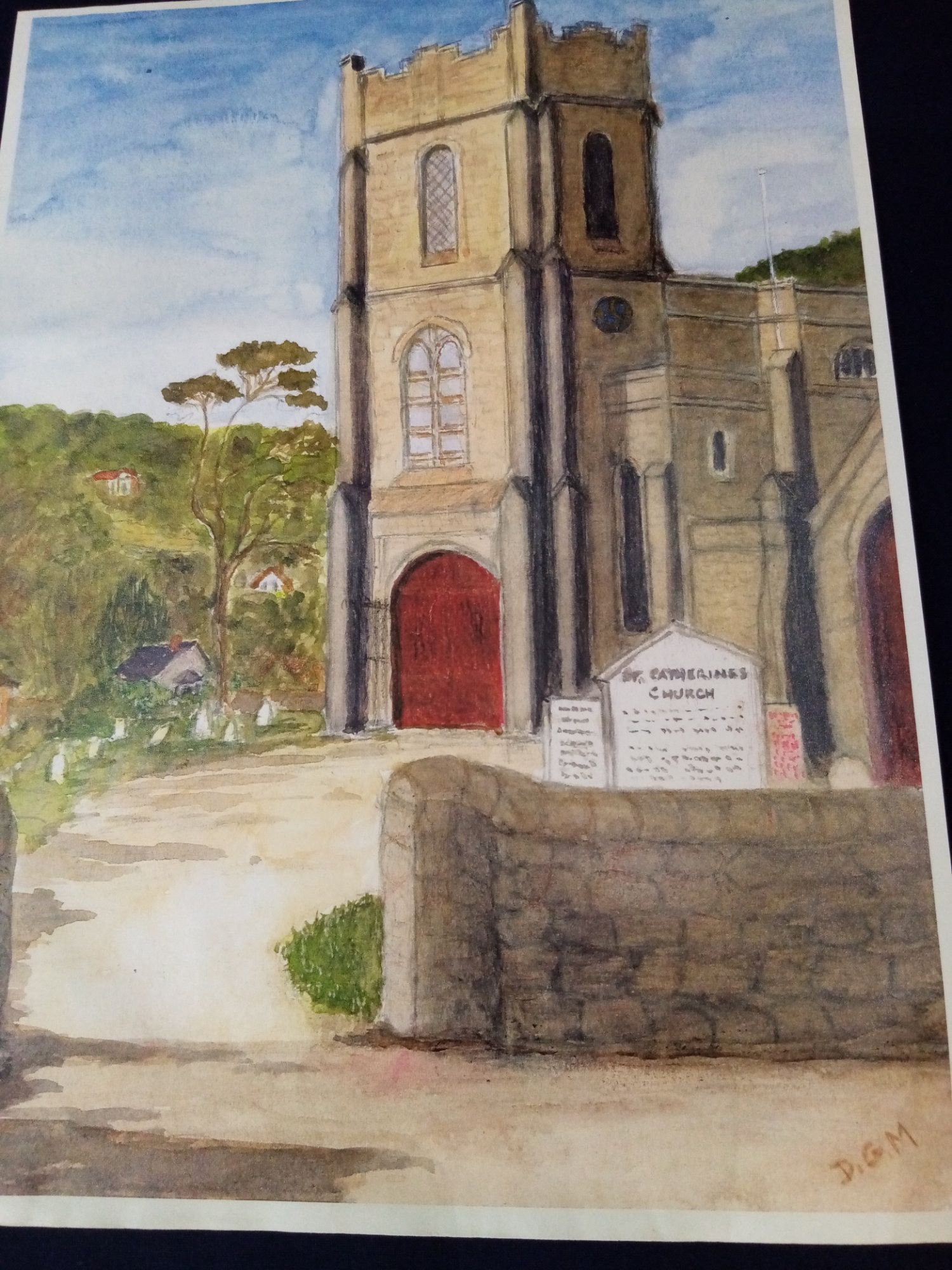 A watercolor painting of a church with a red door