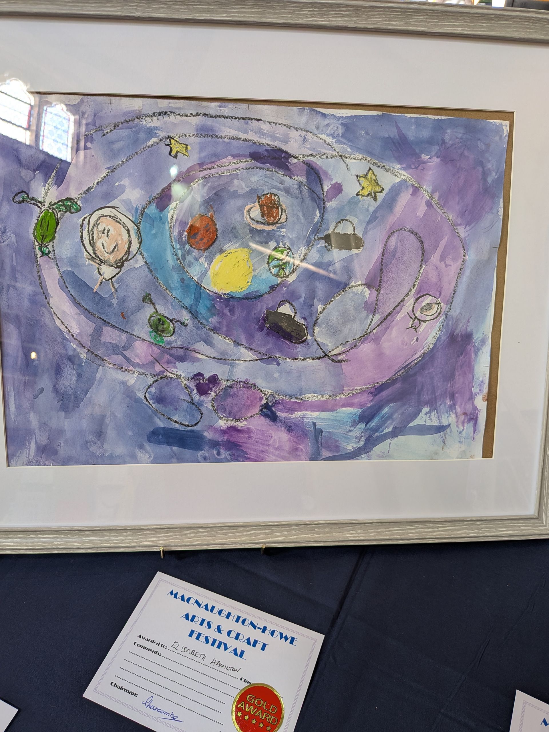 Watercolor painting of planets swirling in a purple and blue spiral within a frame.