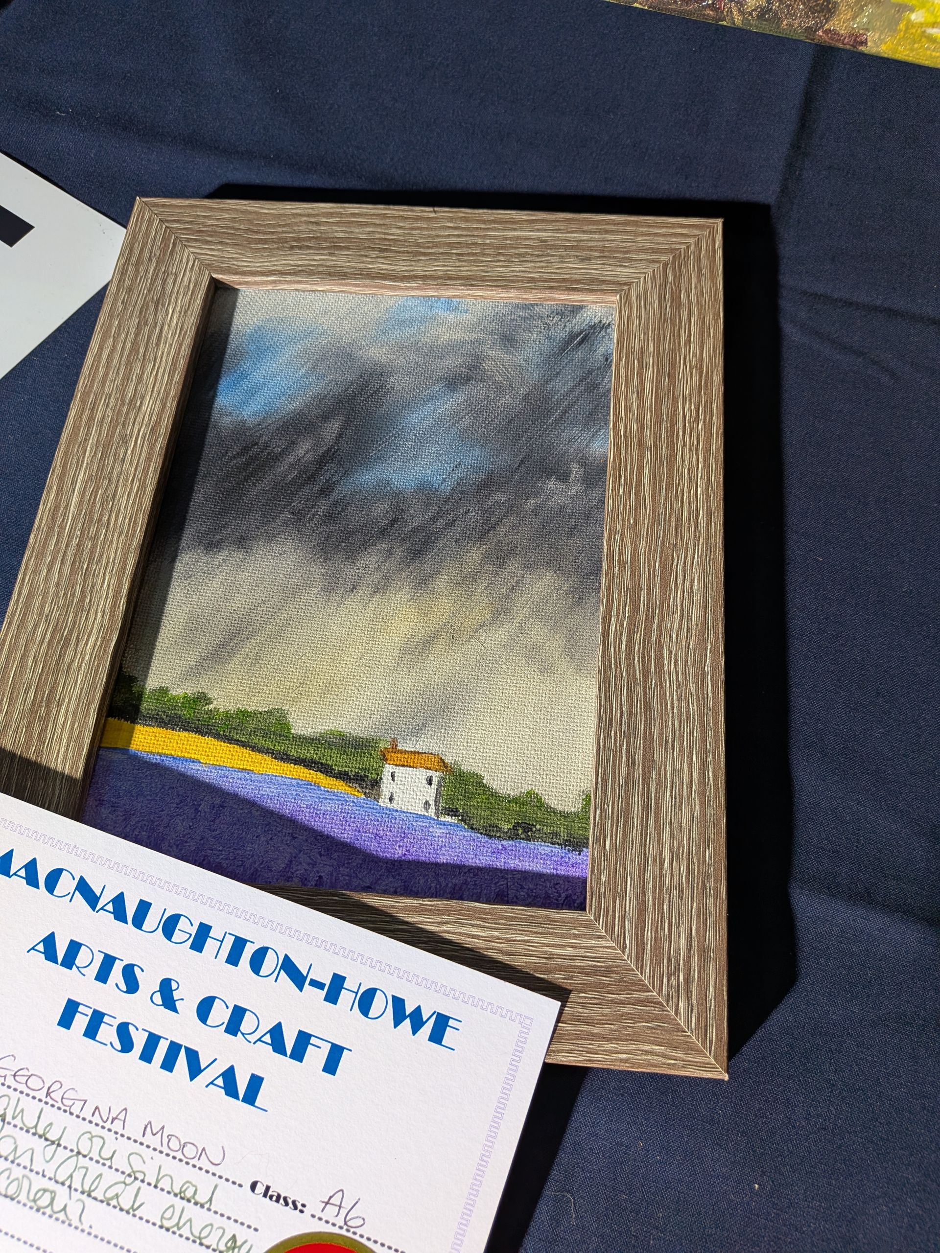 Framed artwork of lavender field, cloudy sky, small building. Certificate for 