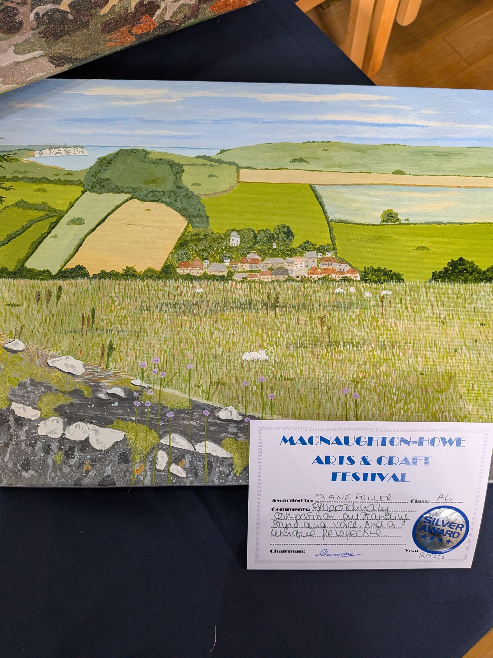 Landscape painting of fields, a village, and a distant body of water, with a grassy foreground.