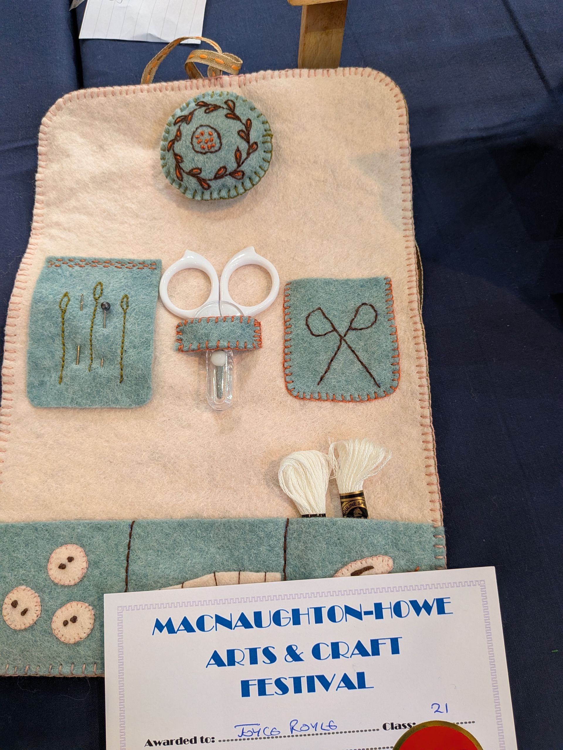 Open felt sewing kit with tools, buttons, and festival certificate.