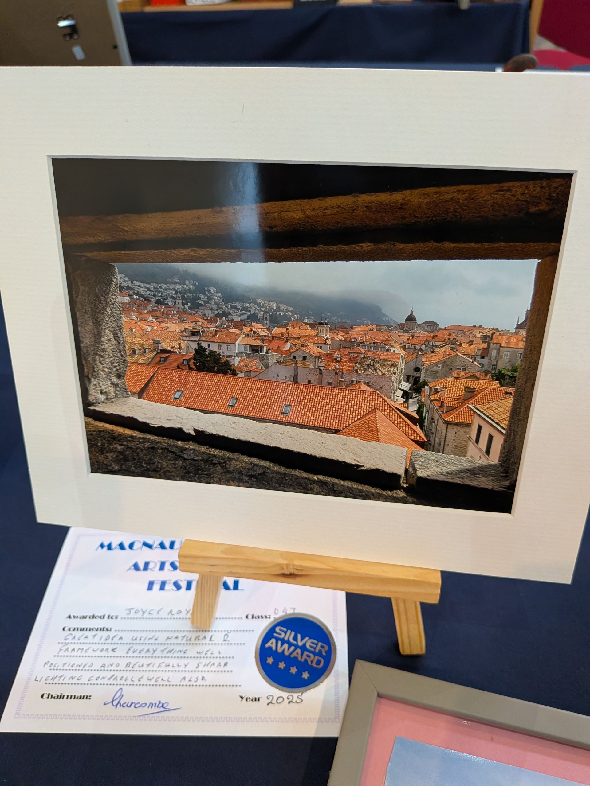 Photo of a cityscape, framed by a window, displayed on a small easel. Silver award certificate in foreground.