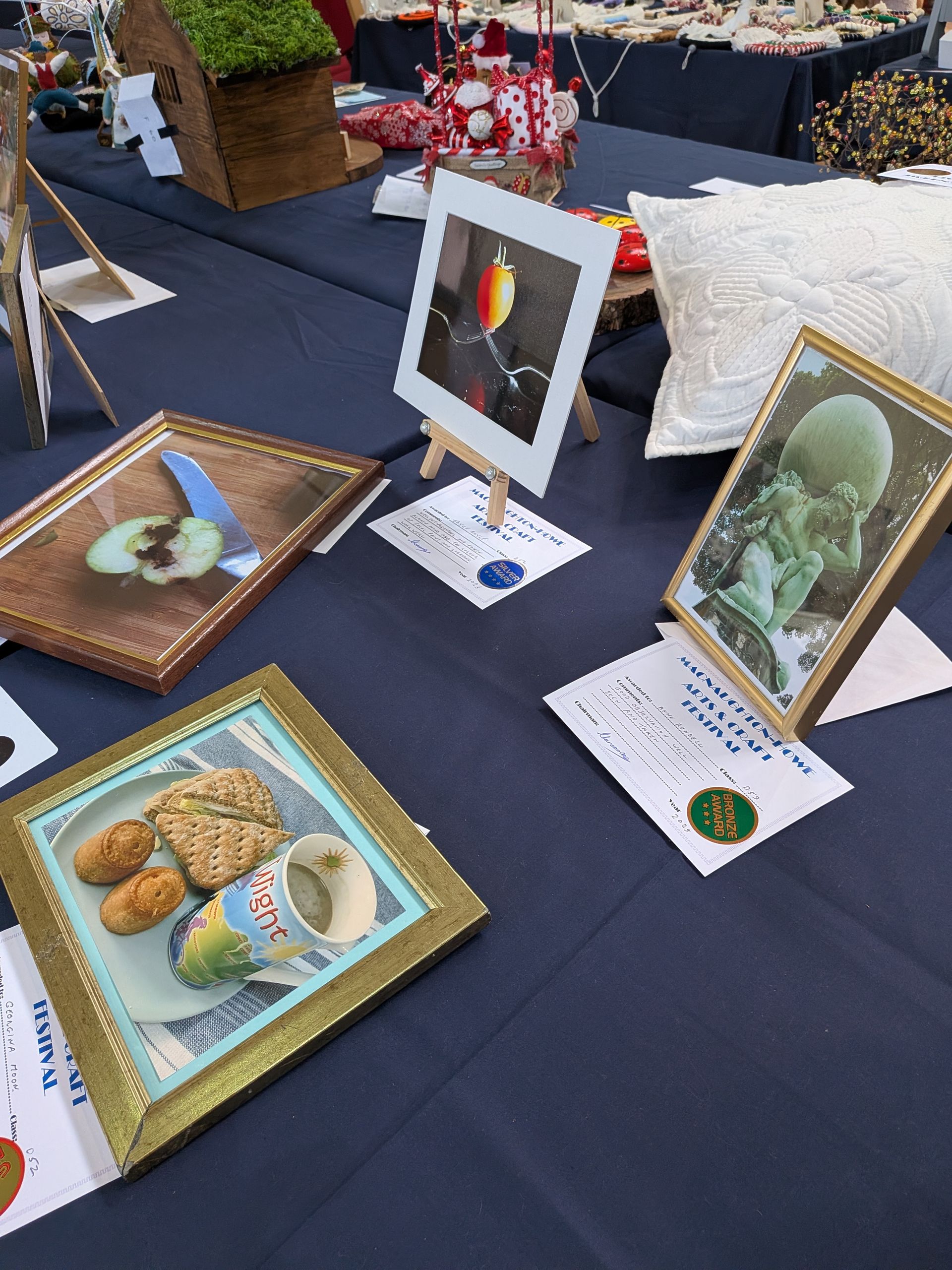 A display of framed art pieces on a navy blue table, showcasing various still life and nature scenes.
