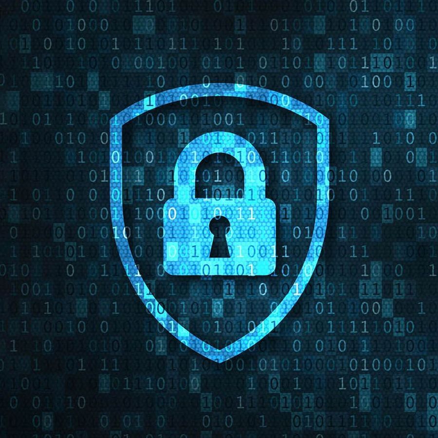 A blue shield with a padlock on it is surrounded by binary code.