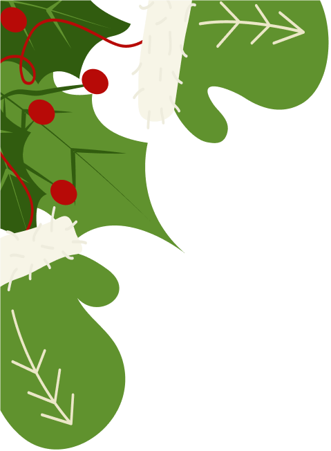 Green mittens with white fur trim and holly with red berries.