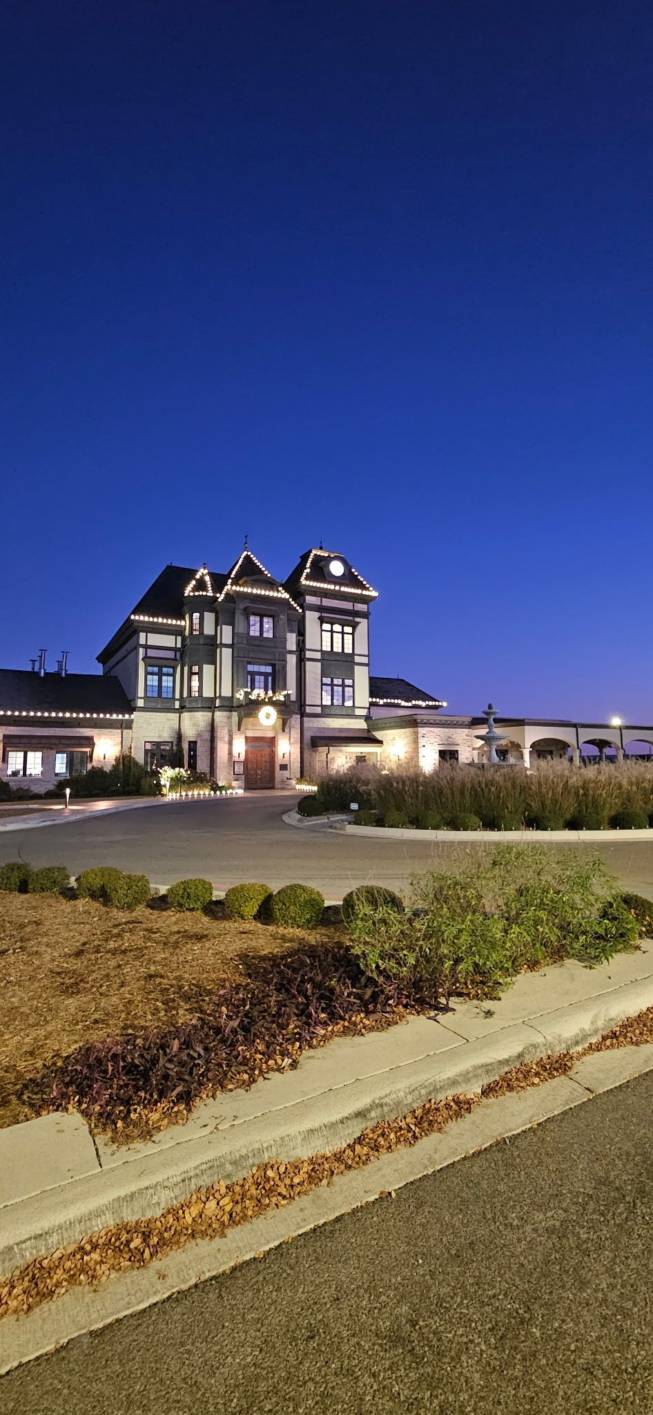 Large ornate building at dusk with a dark blue sky. A flower bed and road in front.