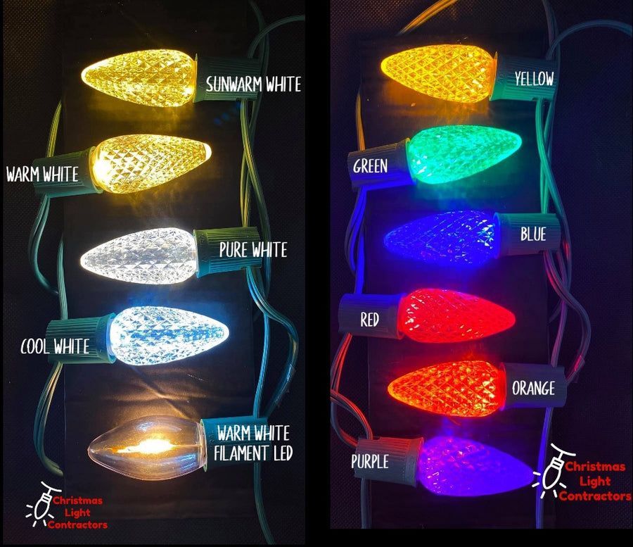 Christmas light bulb color comparison chart: warm white, cool white, and various other colors.