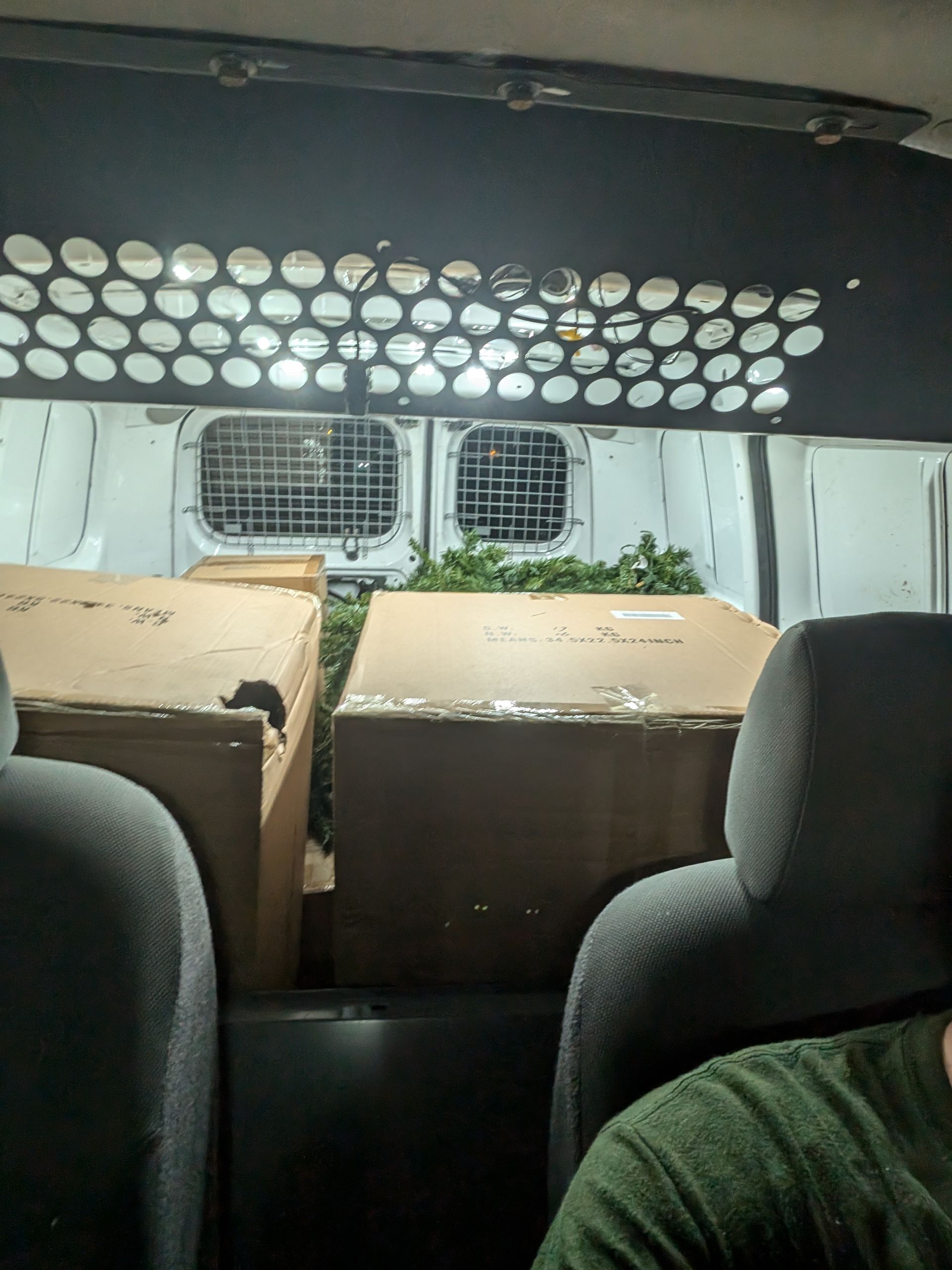 Interior of a van with two large cardboard boxes filled with greenery and a wire mesh partition.