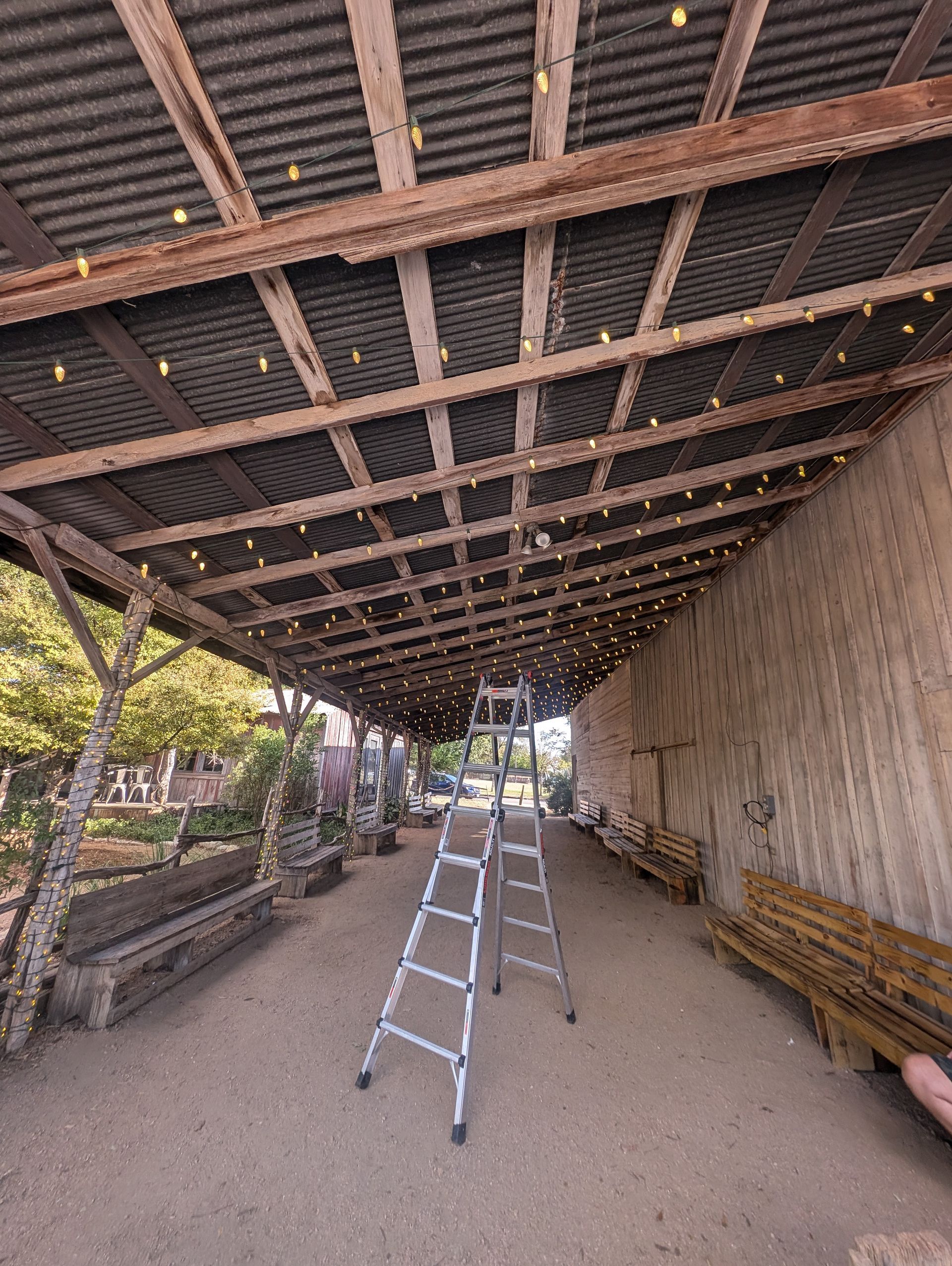 Covered outdoor area with ladder, string lights, wooden benches, and trees.