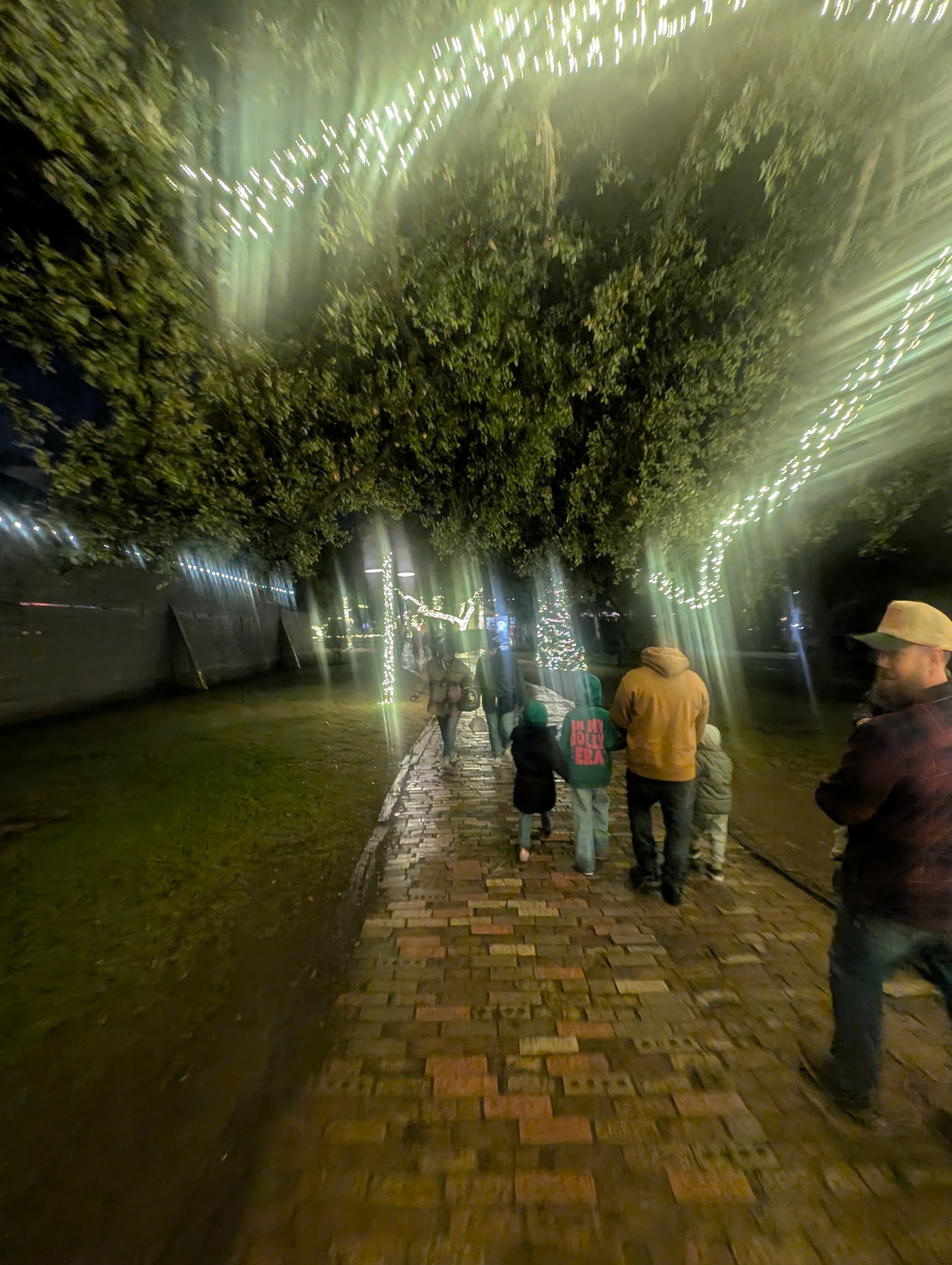 People walking on a brick path under trees with string lights at night.