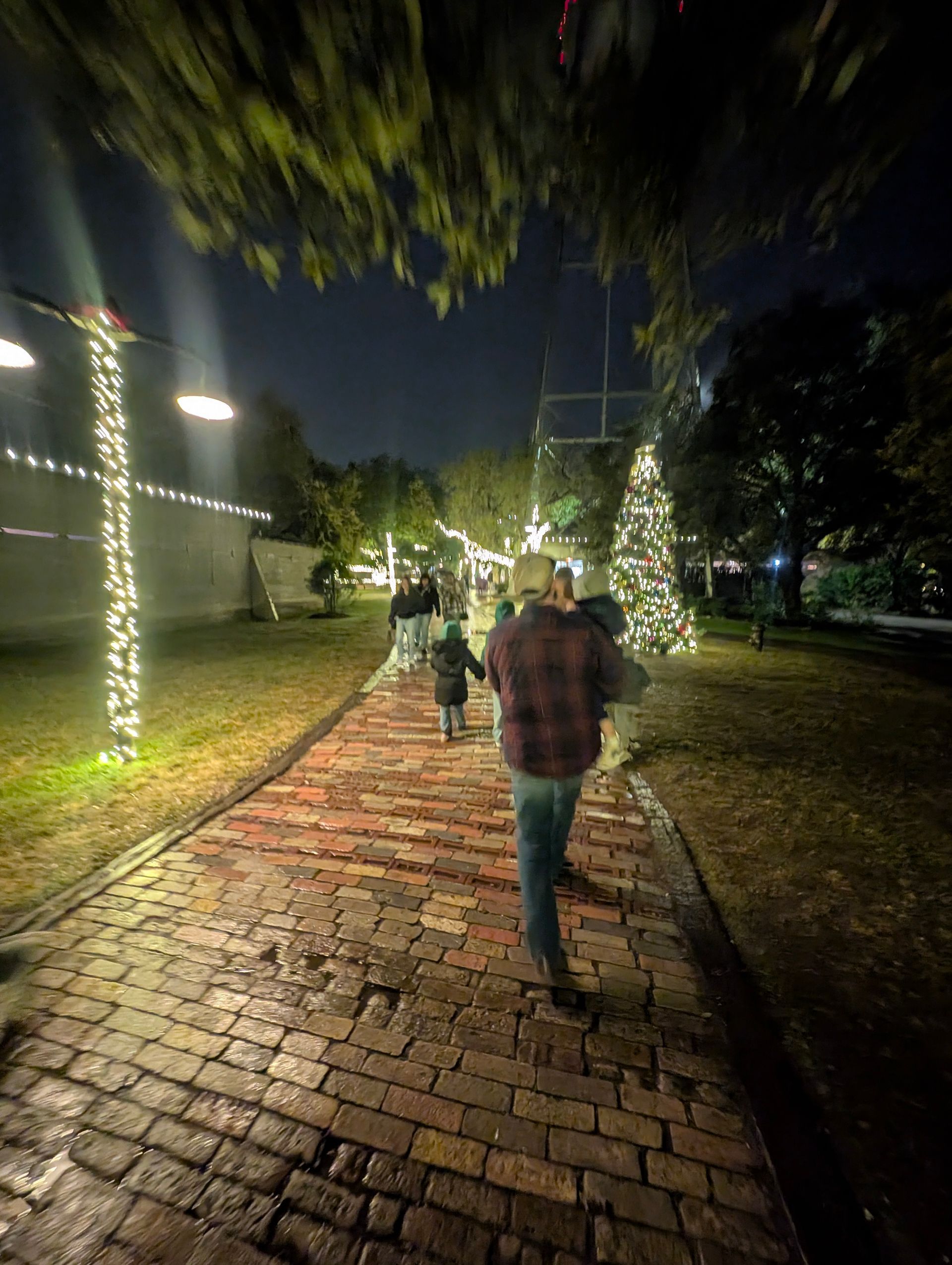 Family walking on a brick path lit by Christmas lights at night.