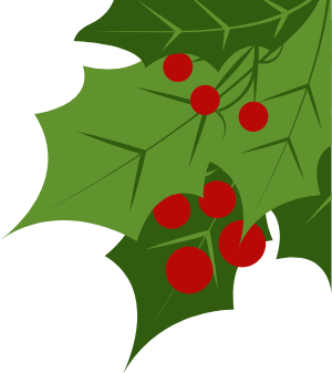 Holly branch with green leaves and red berries.