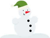 Snowman wearing a green hat with a white trim and a red nose, smiling.