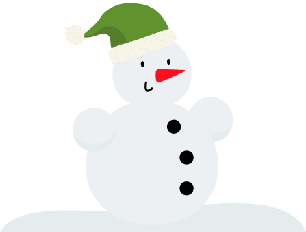 Snowman wearing a green hat with a white trim and a red nose, smiling.