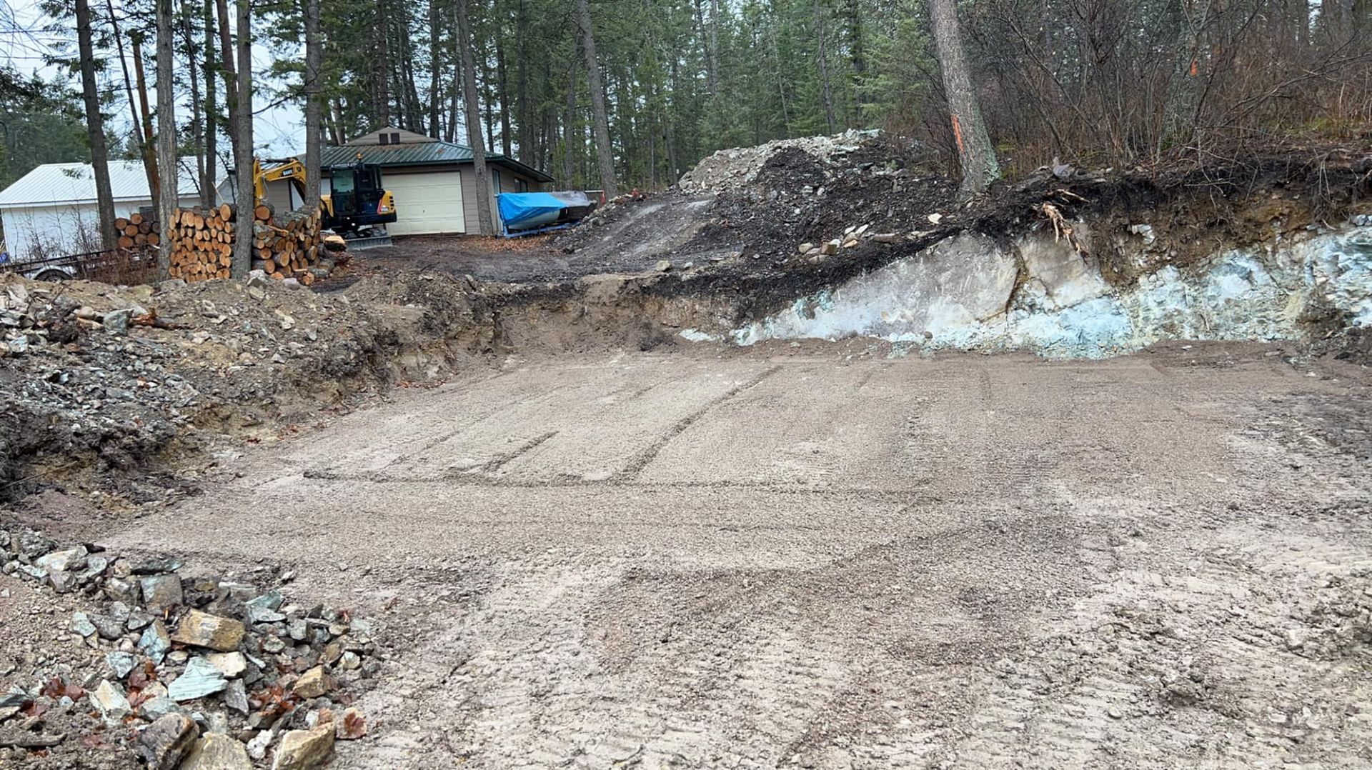 A dirt road in the middle of a forest with a house in the background.