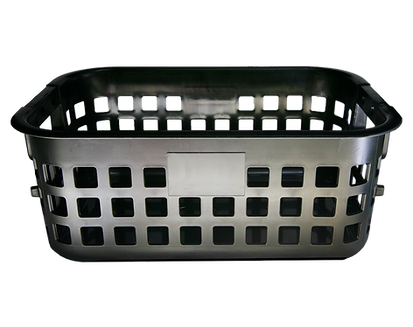 A black plastic laundry basket on a white background