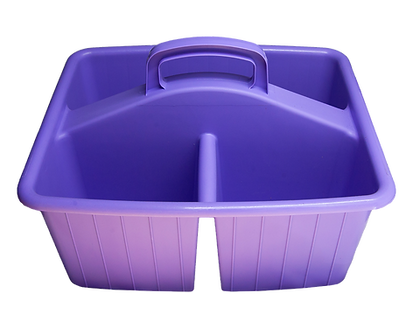 A purple plastic basket with two compartments and a handle