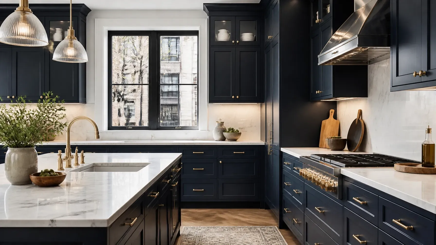 A stunning, high-end Chicago kitchen with cabinets painted in a modern, sophisticated navy blue