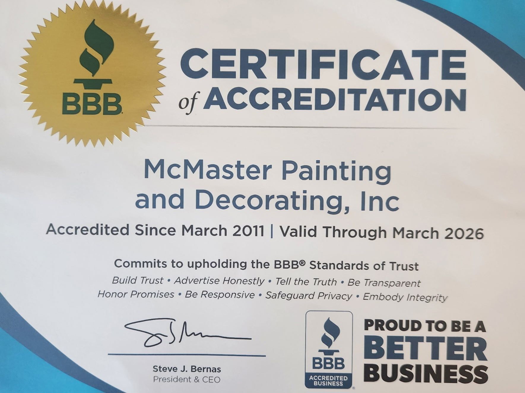 BBB Certificate of Accreditation for McMaster Painting and Decorating, Inc., accredited since 2011, valid through 2026.