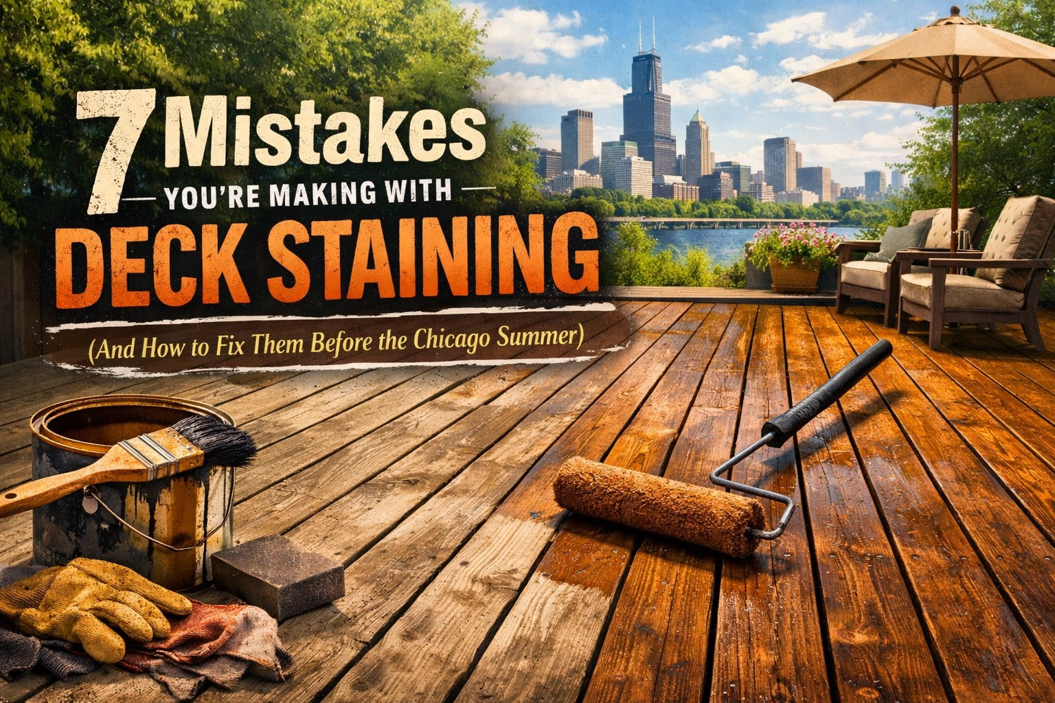 A wooden deck being stained, with tools in the foreground and the Chicago skyline visible in the background.