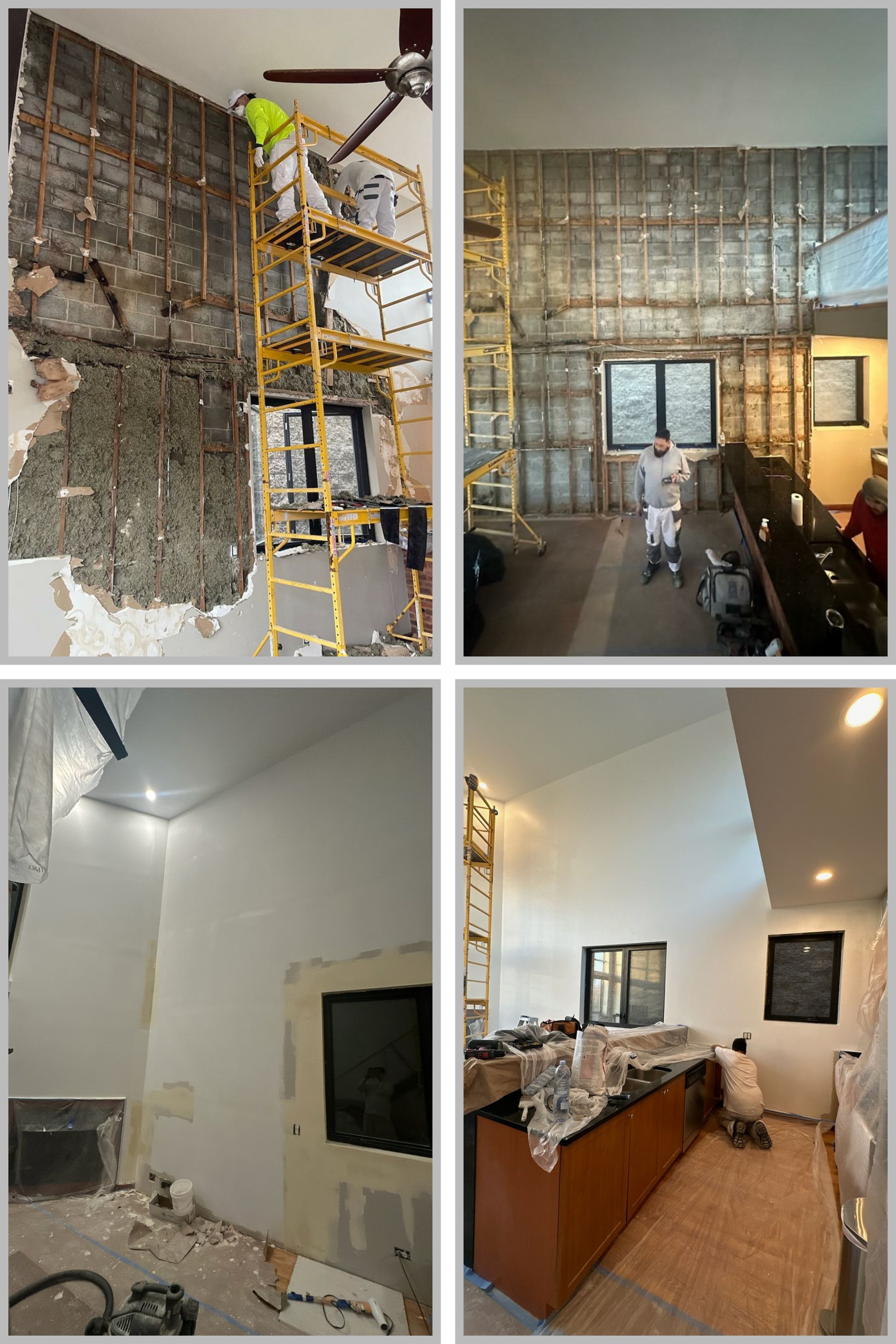 A collage of four pictures of a house being remodeled.