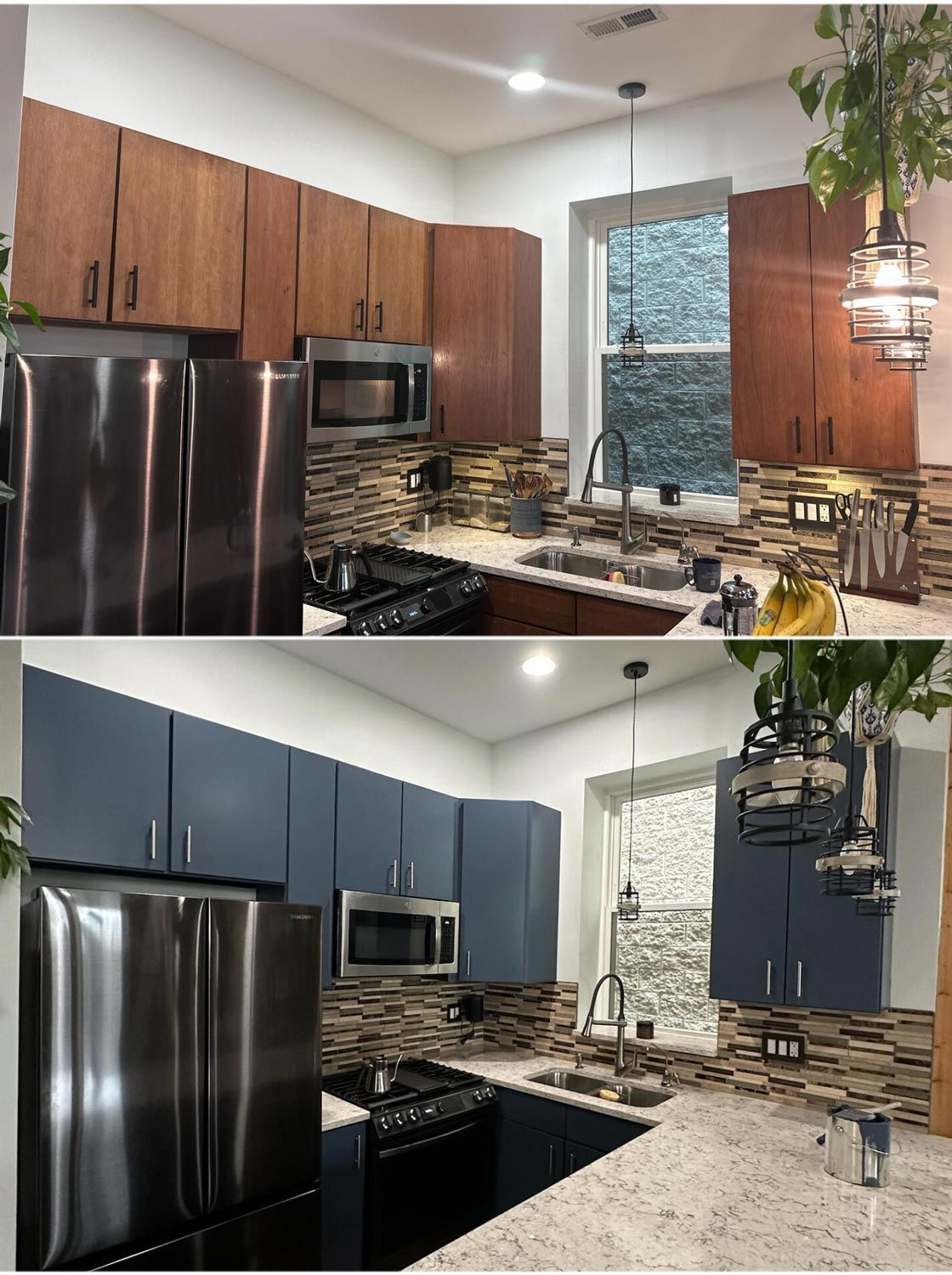 A before and after photo of a kitchen with stainless steel appliances