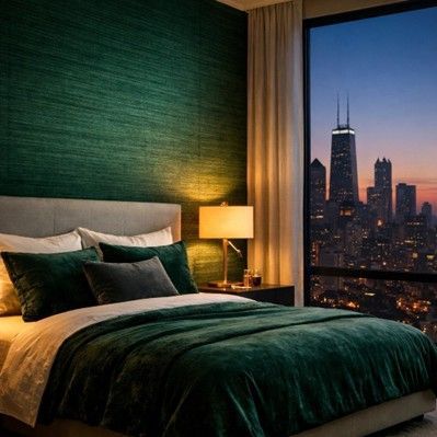 A dimly lit bedroom with dark green textured walls and a plush green bedspread, featuring a Chicago skyline view at dusk.