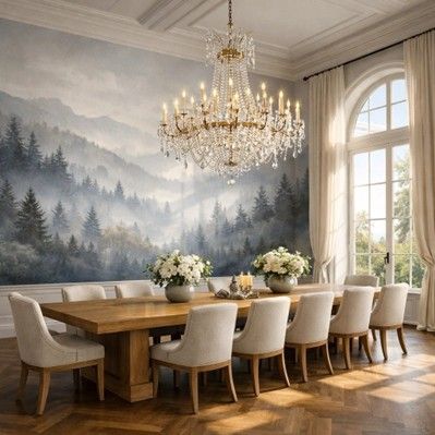A formal dining room features a long wooden table, eight upholstered chairs, and a grand chandelier before a forest mural.