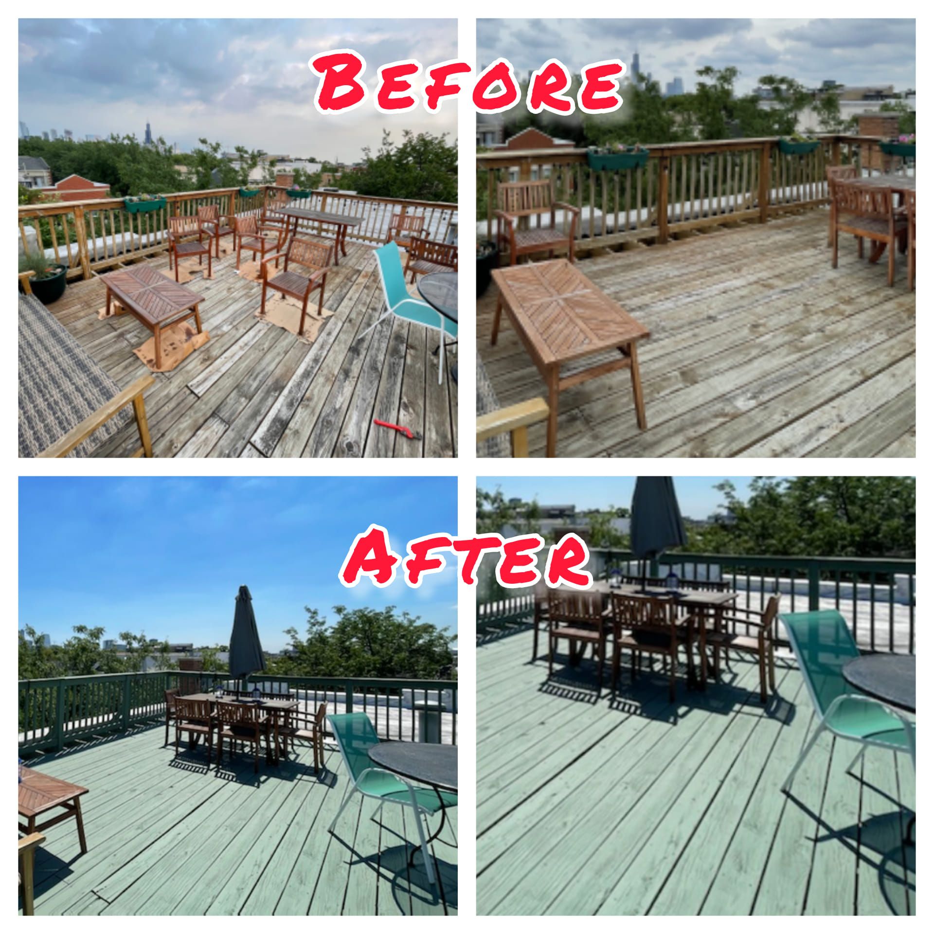 Before and After Photo of a Wooden Deck With Tables — Chicago, IL — McMaster Painting