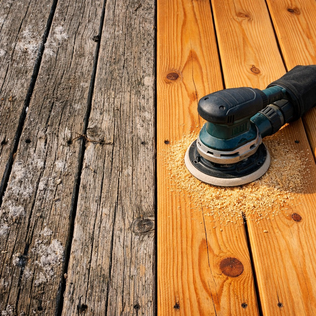 A dual-action sander restoring a weathered wooden deck, showing the contrast between the rough, gray boards and sanded wood. A dual-action sander restoring a weathered wooden deck, showing the contrast between the rough, gray boards and sanded wood.
